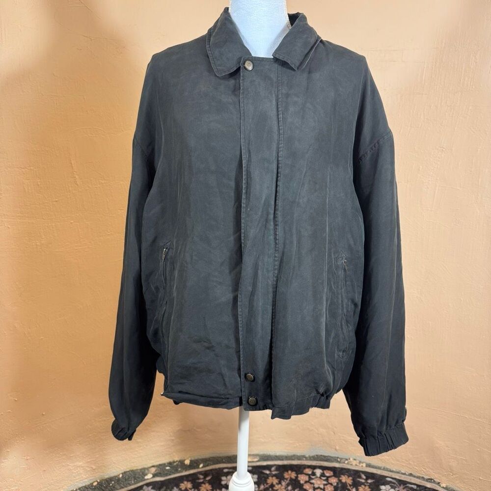 Bobby Chan Silk Jacket Womens XL Black Full Zip Button Front Lightweight Embroid